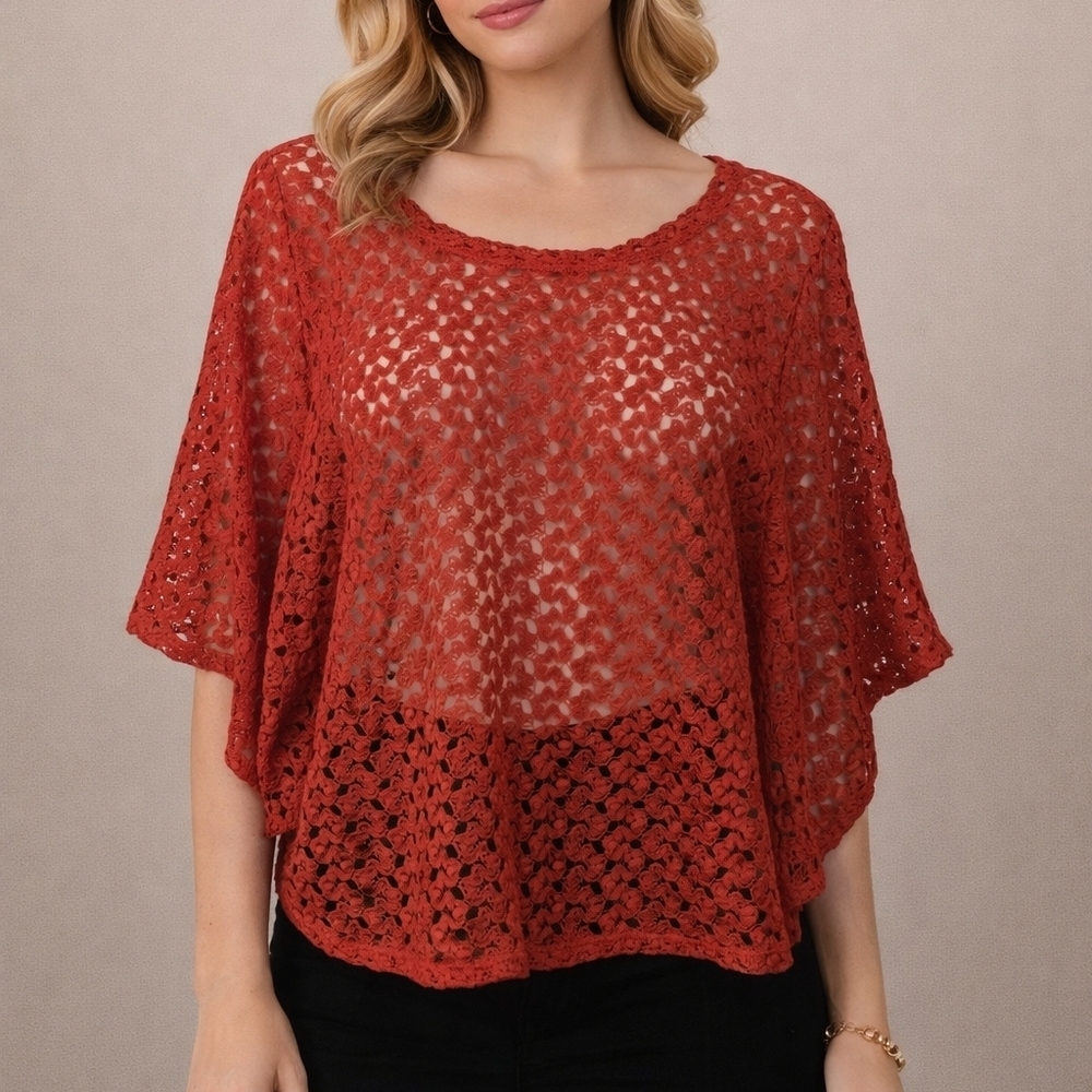 NEW DIRECTIONS Peekaboo Pink Lace Poncho Elbow Sleeve Cover-up Top